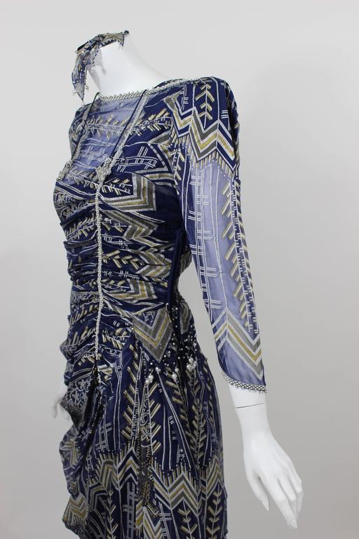 Vintage Zandra Rhodes Hand Painted Silk Dress, Pearl trimmed Slip & Headpiece