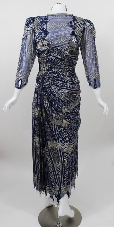 Vintage Zandra Rhodes Hand Painted Silk Dress, Pearl trimmed Slip & Headpiece