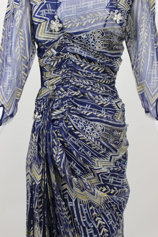 Vintage Zandra Rhodes Hand Painted Silk Dress, Pearl trimmed Slip & Headpiece