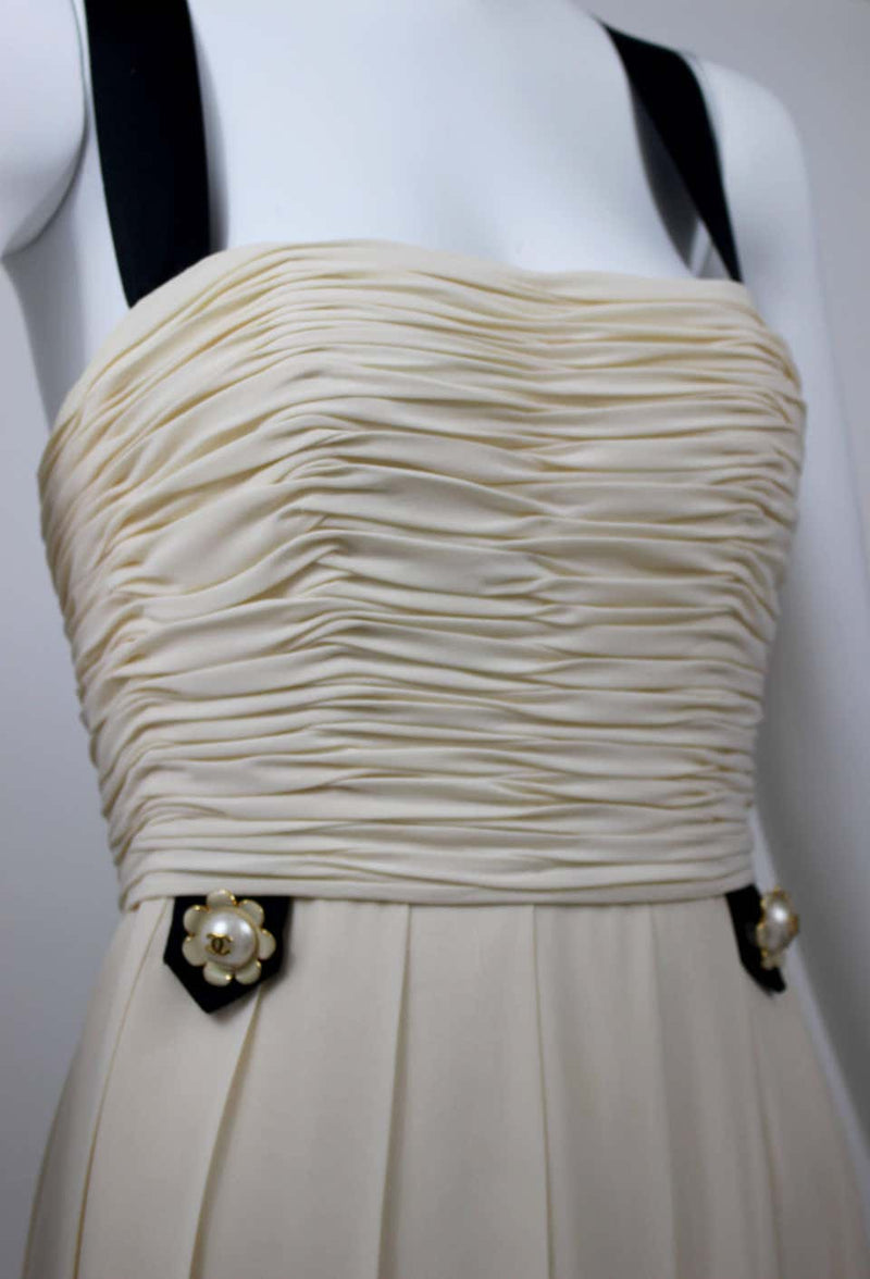 1994 Chanel Ivory Silk chiffon Ruched Bodice and Pearl Button Dress Vintage