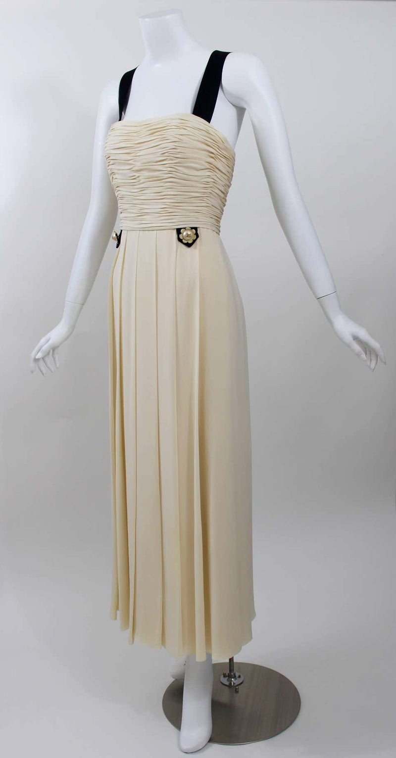 1994 Chanel Ivory Silk chiffon Ruched Bodice and Pearl Button Dress Vintage