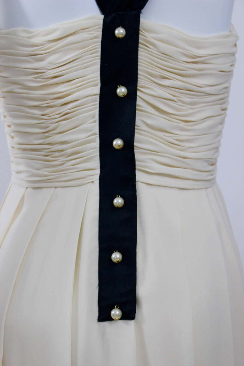 1994 Chanel Ivory Silk chiffon Ruched Bodice and Pearl Button Dress Vintage