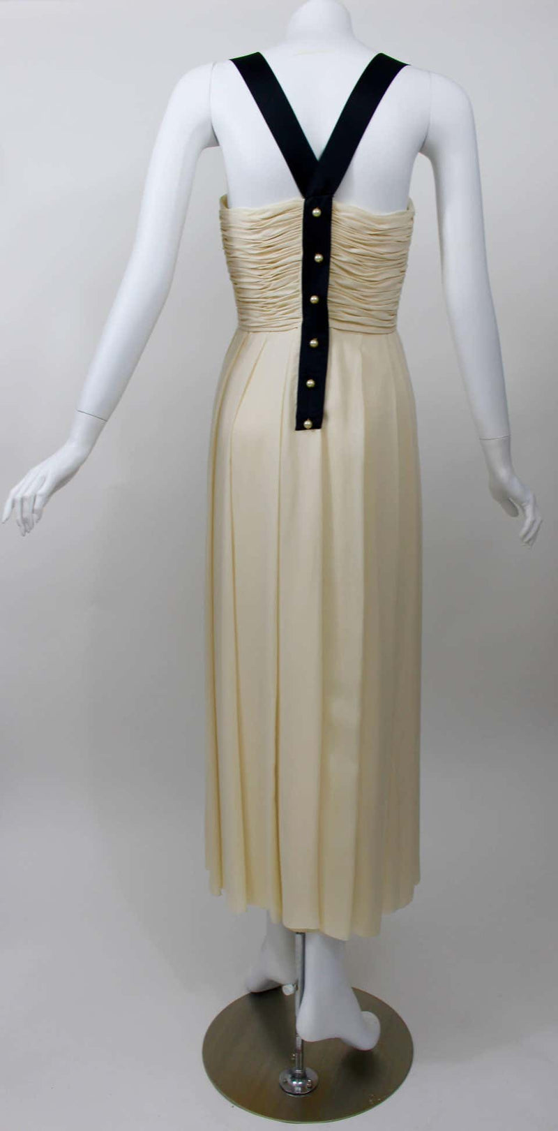 1994 Chanel Ivory Silk chiffon Ruched Bodice and Pearl Button Dress Vintage