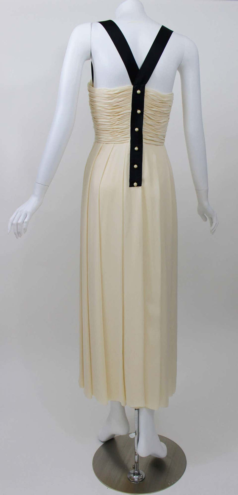 1994 Chanel Ivory Silk chiffon Ruched Bodice and Pearl Button Dress Vintage
