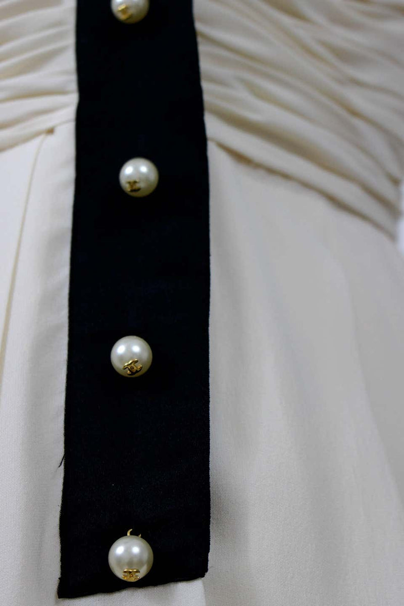 1994 Chanel Ivory Silk chiffon Ruched Bodice and Pearl Button Dress Vintage
