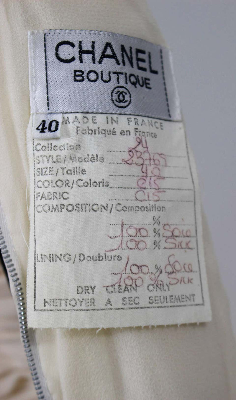 1994 Chanel Ivory Silk chiffon Ruched Bodice and Pearl Button Dress Vintage