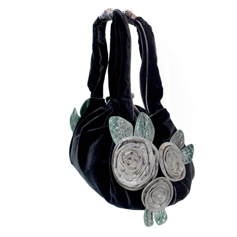 Marc Jacobs Fall 2005 Velvet Handbag w/ Leather and Ostrich Flower