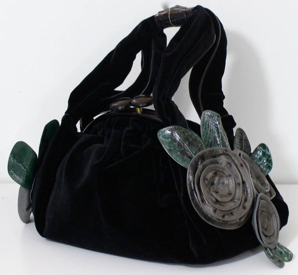 Marc Jacobs Fall 2005 Velvet Handbag w/ Leather and Ostrich Flower Detail Tags