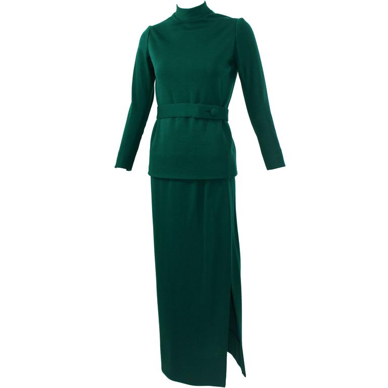 1960s Emerald Green Norman Norell attributed 2pc. Top Skirt Set