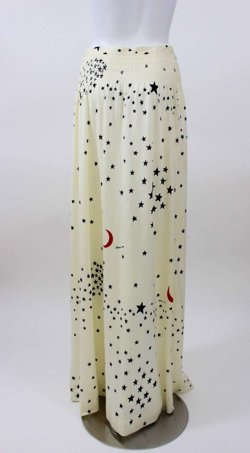 Hanae Mori Vintage Moon Stars Print Maxi Skirt Basha Gold