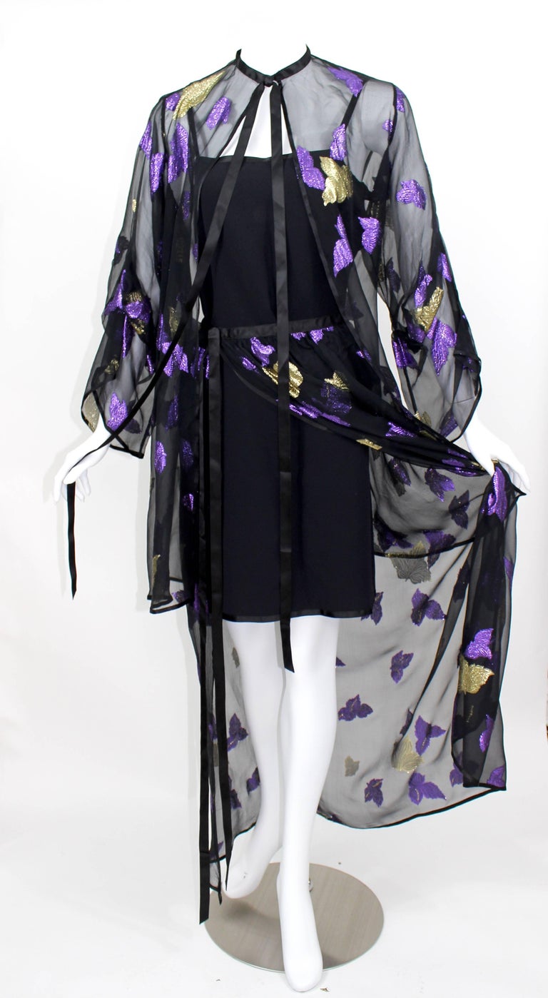 Yves Saint Laurent YSL Black Chiffon Metallic Falling Leaves Ensemble, 1978