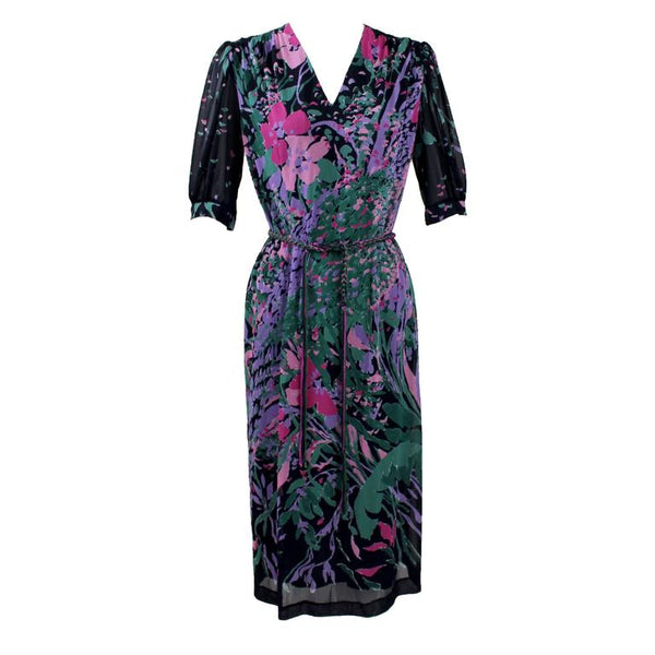 1970s Vintage Leonard Paris Floral Midi Dress and Belt