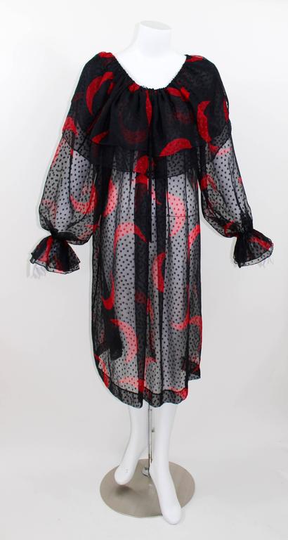 1970s Yves Saint Laurent Red & Black Crescent Moon Ruffle Peasant Dress