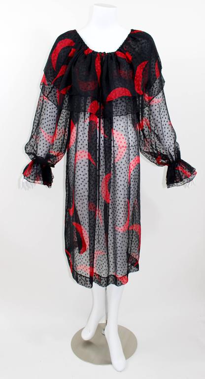 1970s Yves Saint Laurent Red & Black Crescent Moon Ruffle Peasant Dress