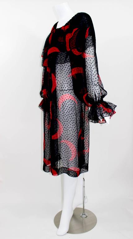 1970s Yves Saint Laurent Red & Black Crescent Moon Ruffle Peasant Dress