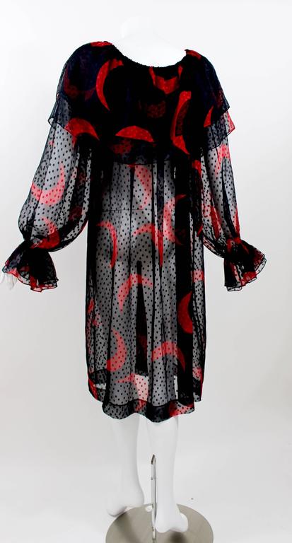 1970s Yves Saint Laurent Red & Black Crescent Moon Ruffle Peasant Dress