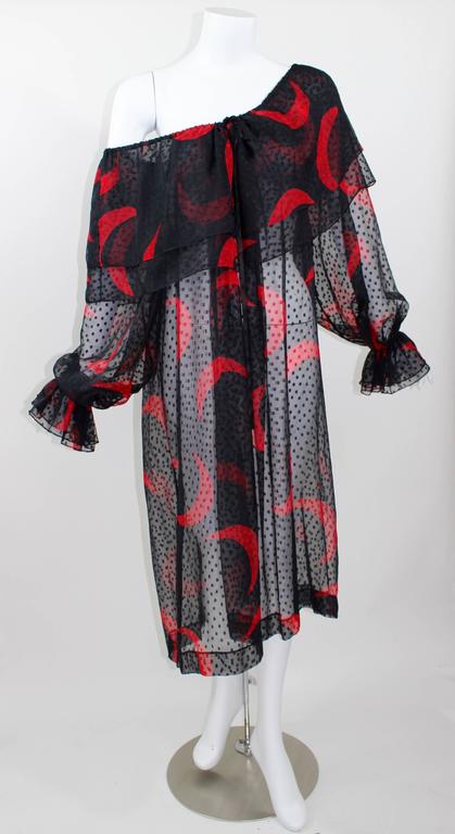 1970s Yves Saint Laurent Red & Black Crescent Moon Ruffle Peasant Dress