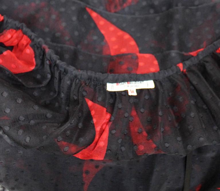 1970s Yves Saint Laurent Red & Black Crescent Moon Ruffle Peasant Dress