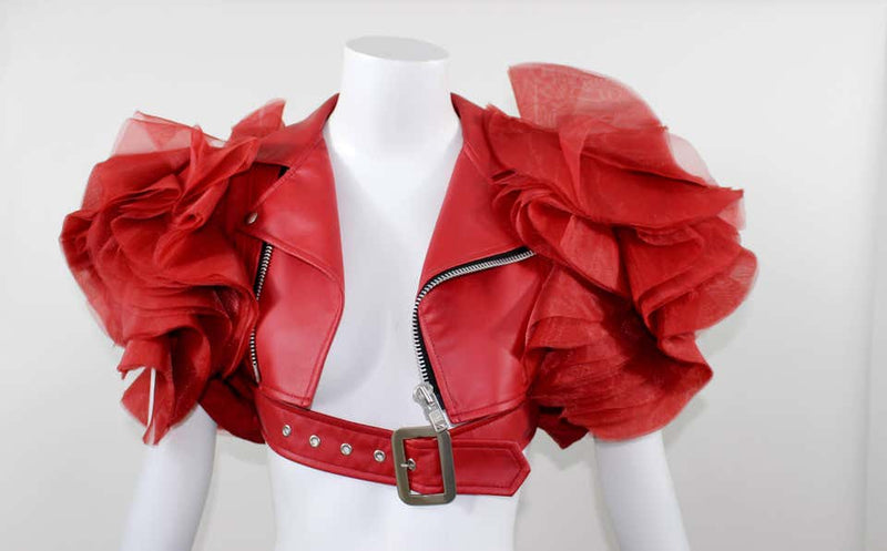 2012 Junya Watanabe Comme des Garçons Red Faux Leather Ruffle Cropped Jacket