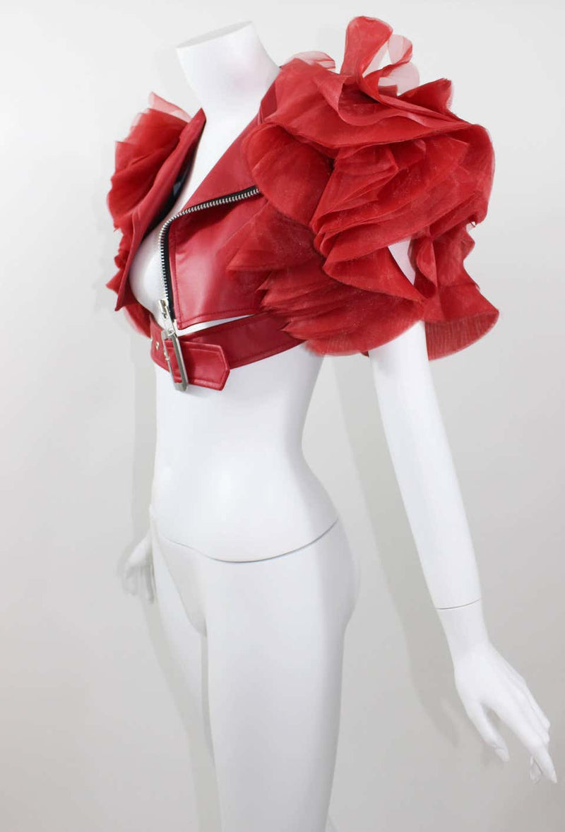 2012 Junya Watanabe Comme des Garçons Red Faux Leather Ruffle Cropped Jacket