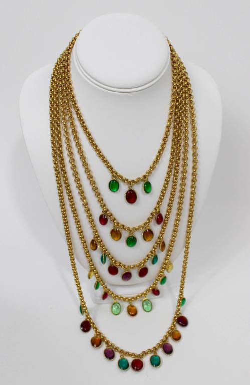 Chanel 5 Strand Gold Chain Colorful Gripoix Bead Necklace, 1980s