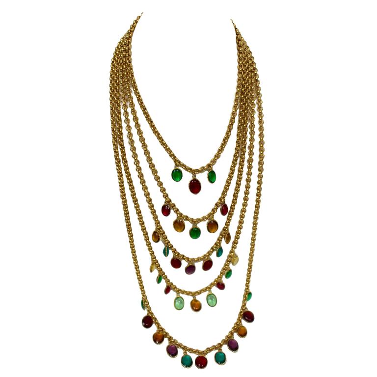 Chanel 5 Strand Gold Chain Colorful Gripoix Bead Necklace, 1980s