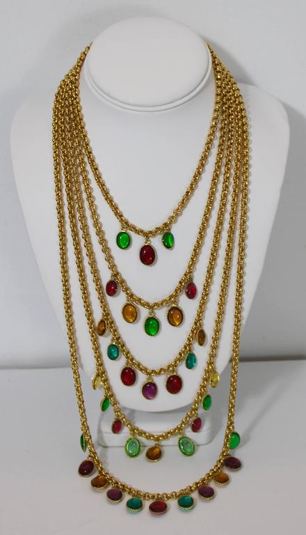 Chanel 5 Strand Gold Chain Colorful Gripoix Bead Necklace, 1980s