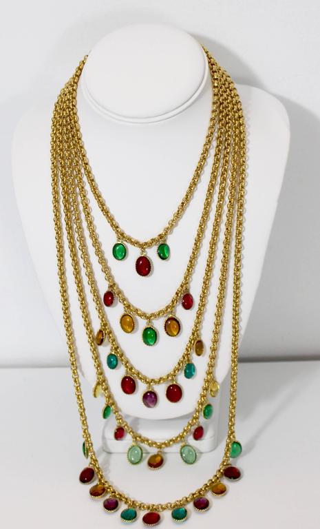 Chanel 5 Strand Gold Chain Colorful Gripoix Bead Necklace, 1980s
