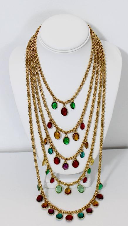 Chanel 5 Strand Gold Chain Colorful Gripoix Bead Necklace, 1980s