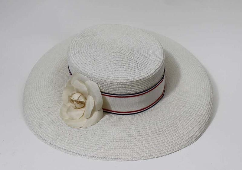 Vintage Chanel White Hat w/ Camellia Flower & Ribbon Trim