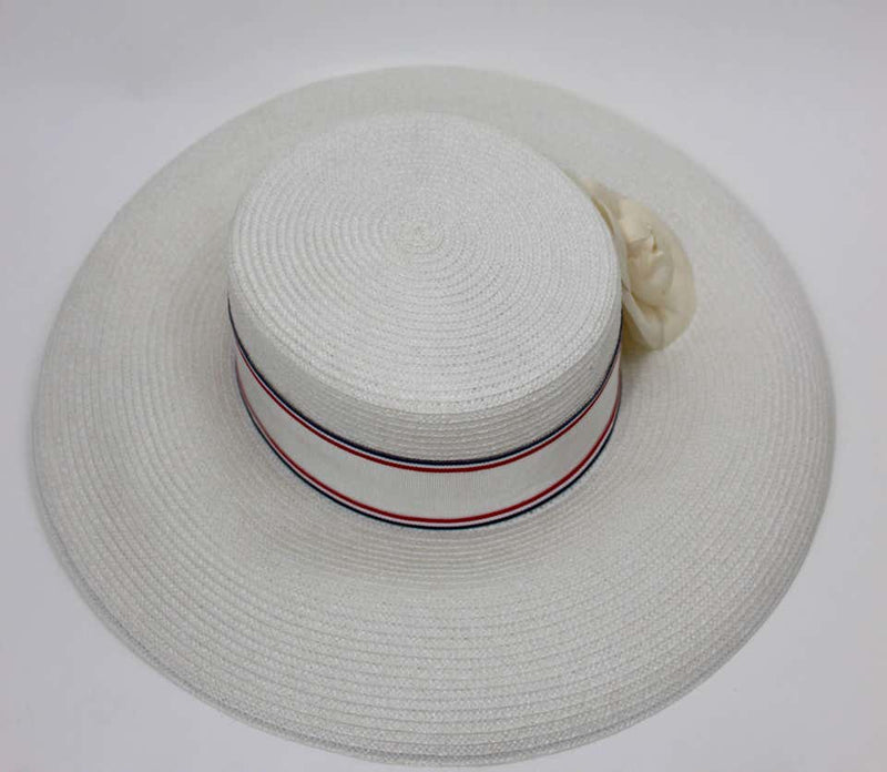 Vintage Chanel White Hat w/ Camellia Flower & Ribbon Trim