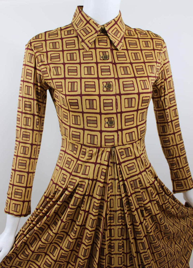 1970s Galanos Golden Yellow and Burgundy Print Silk Jersey Dress