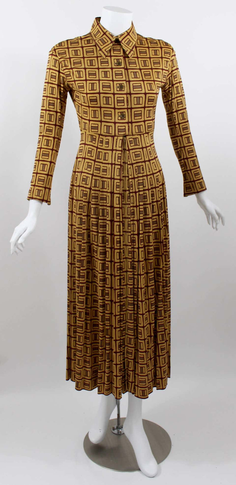1970s Galanos Golden Yellow and Burgundy Print Silk Jersey Dress