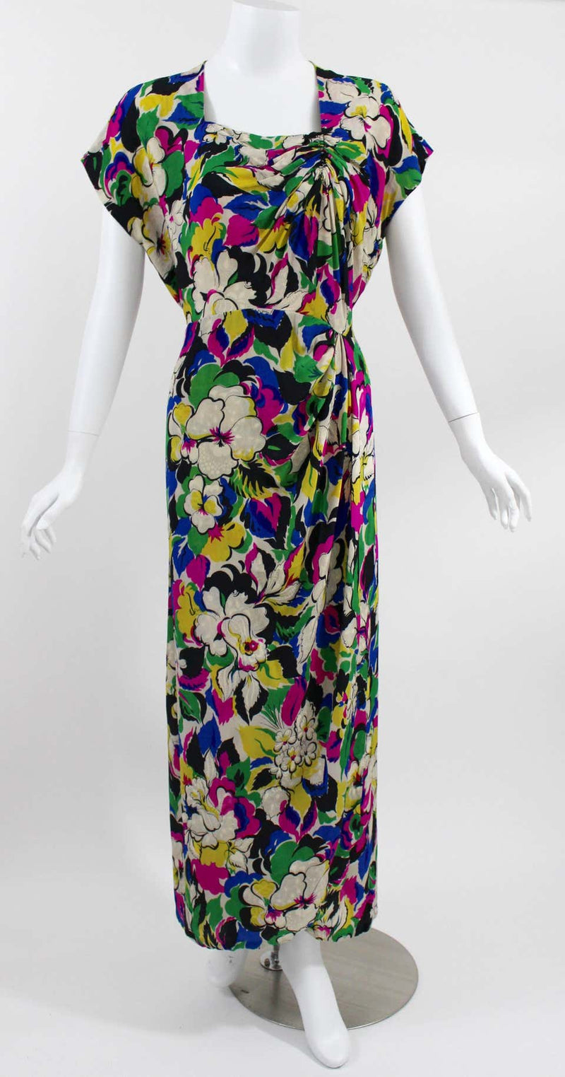 1940s Bright Floral Silk Damask Square Neckline & Ruched Short Sleeve Dress