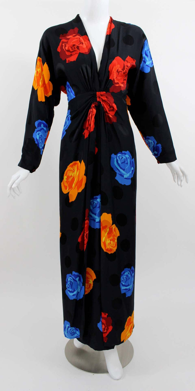 1980s Adele Simpson Silk Roses and Black Dots Plunge Neck Evening Dress