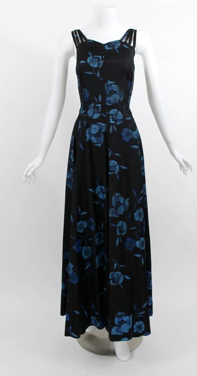 1930s Black and Blue Batik Floral Print Strappy Sleeveless Maxi Dress / Gown