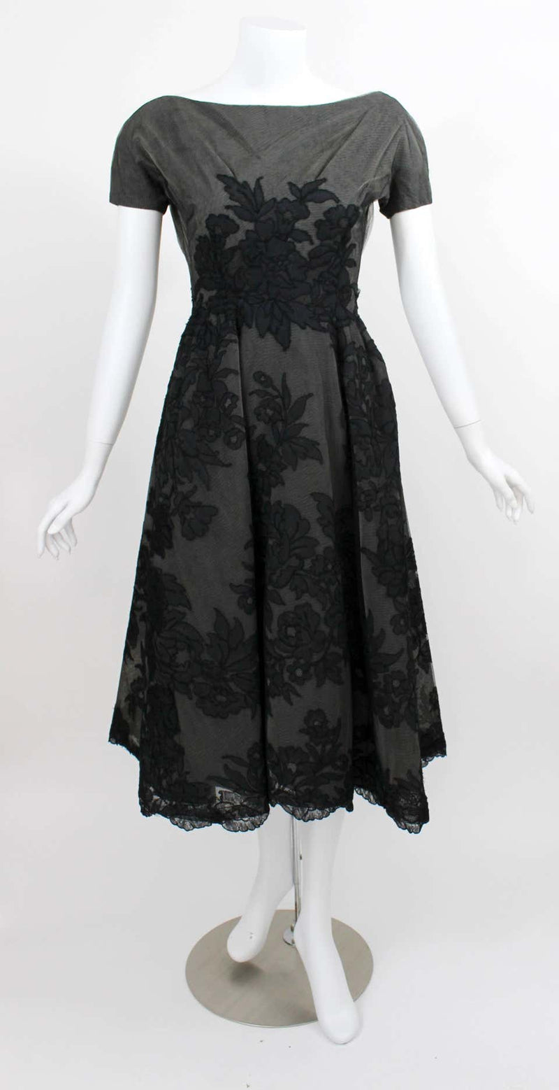 1950s Mort Mogel Black Lace & Charcoal Grey Net Full Skirt Cocktail / Party Dress