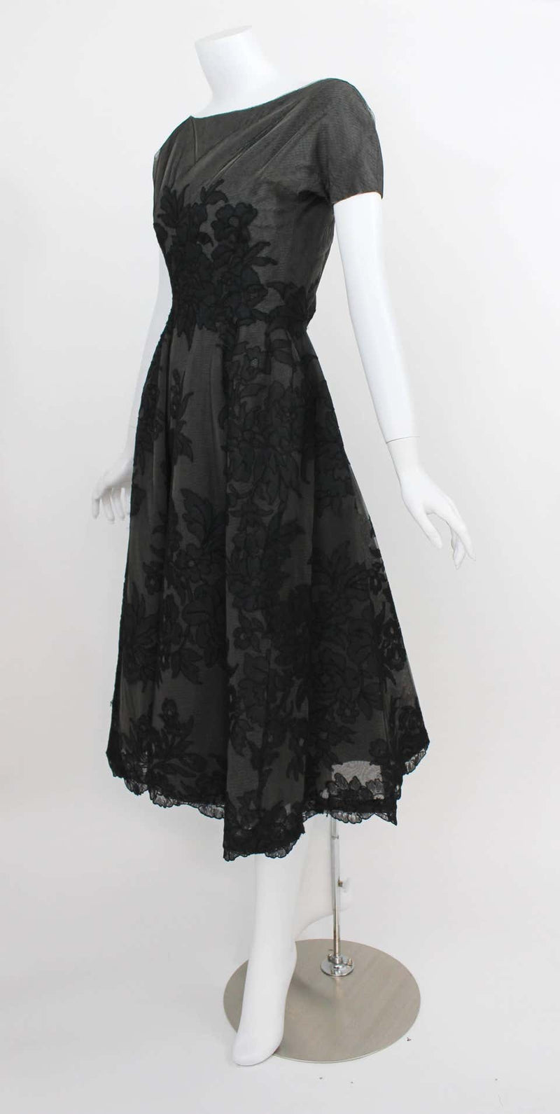 1950s Mort Mogel Black Lace & Charcoal Grey Net Full Skirt Cocktail / Party Dress