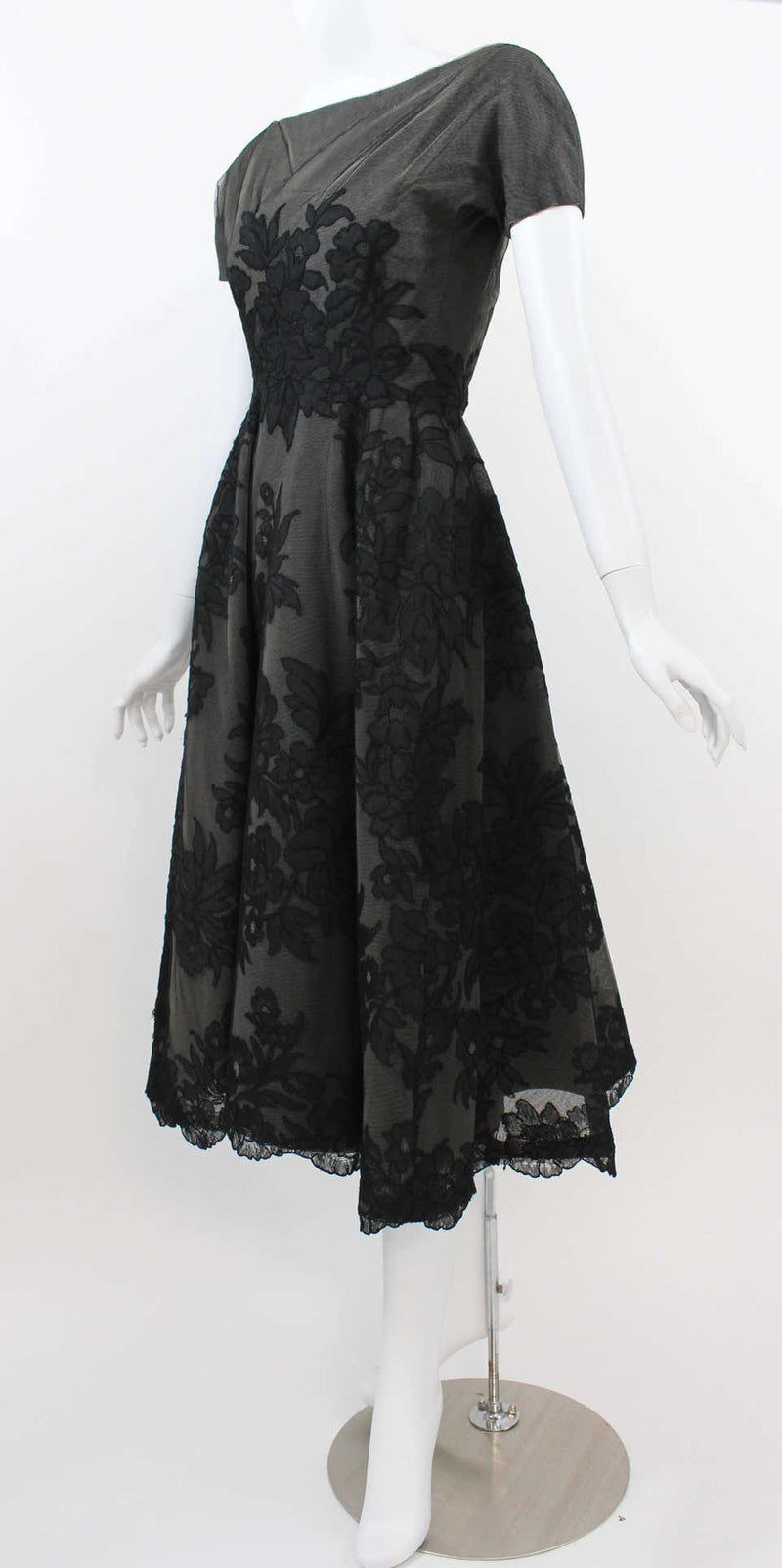 1950s Mort Mogel Black Lace & Charcoal Grey Net Full Skirt Cocktail / Party Dress