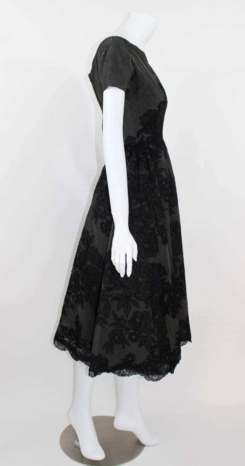 1950s Mort Mogel Black Lace & Charcoal Grey Net Full Skirt Cocktail / Party Dress