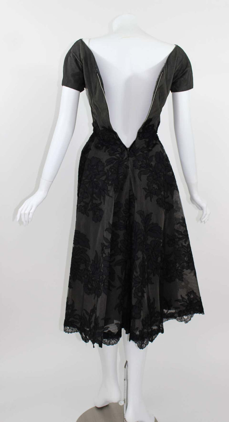 1950s Mort Mogel Black Lace & Charcoal Grey Net Full Skirt Cocktail / Party Dress