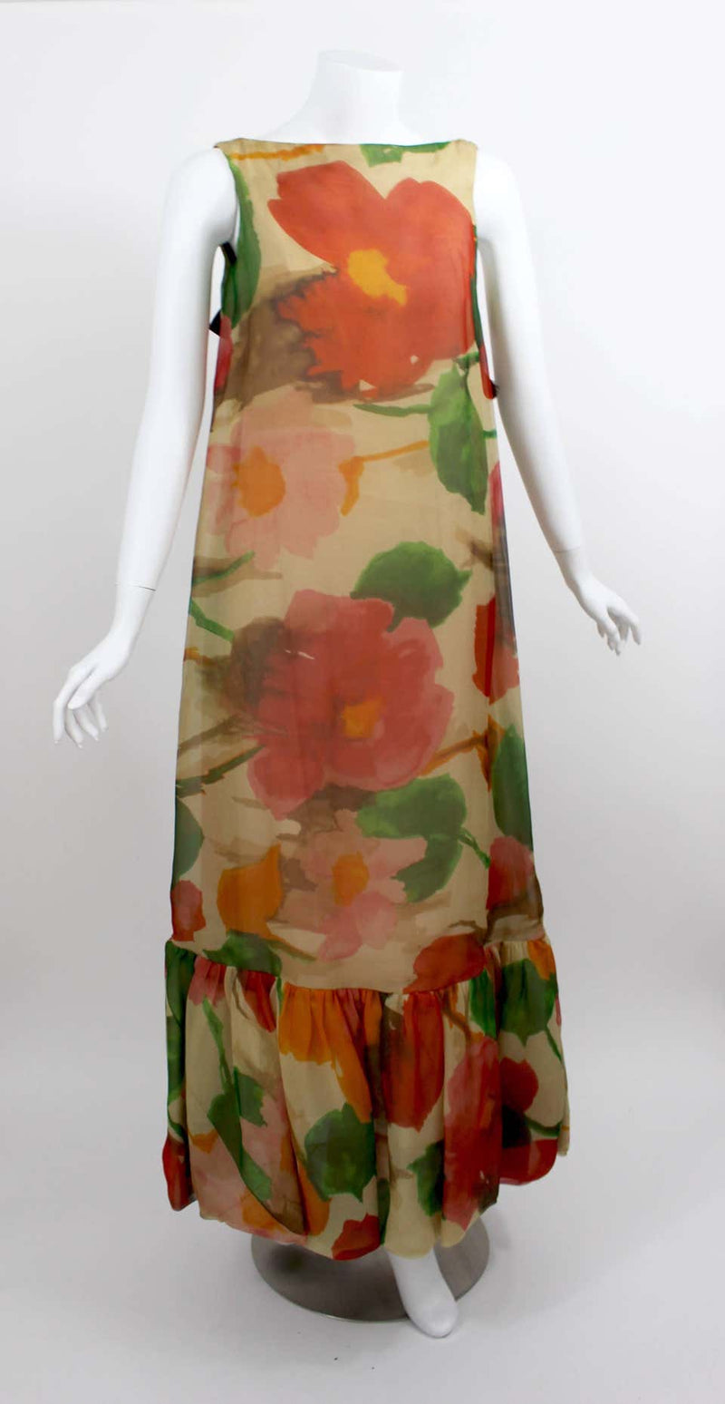 1960s Multicolor Florals Silk Organza Sleeveless Satin Bow Maxi Dress / Gown
