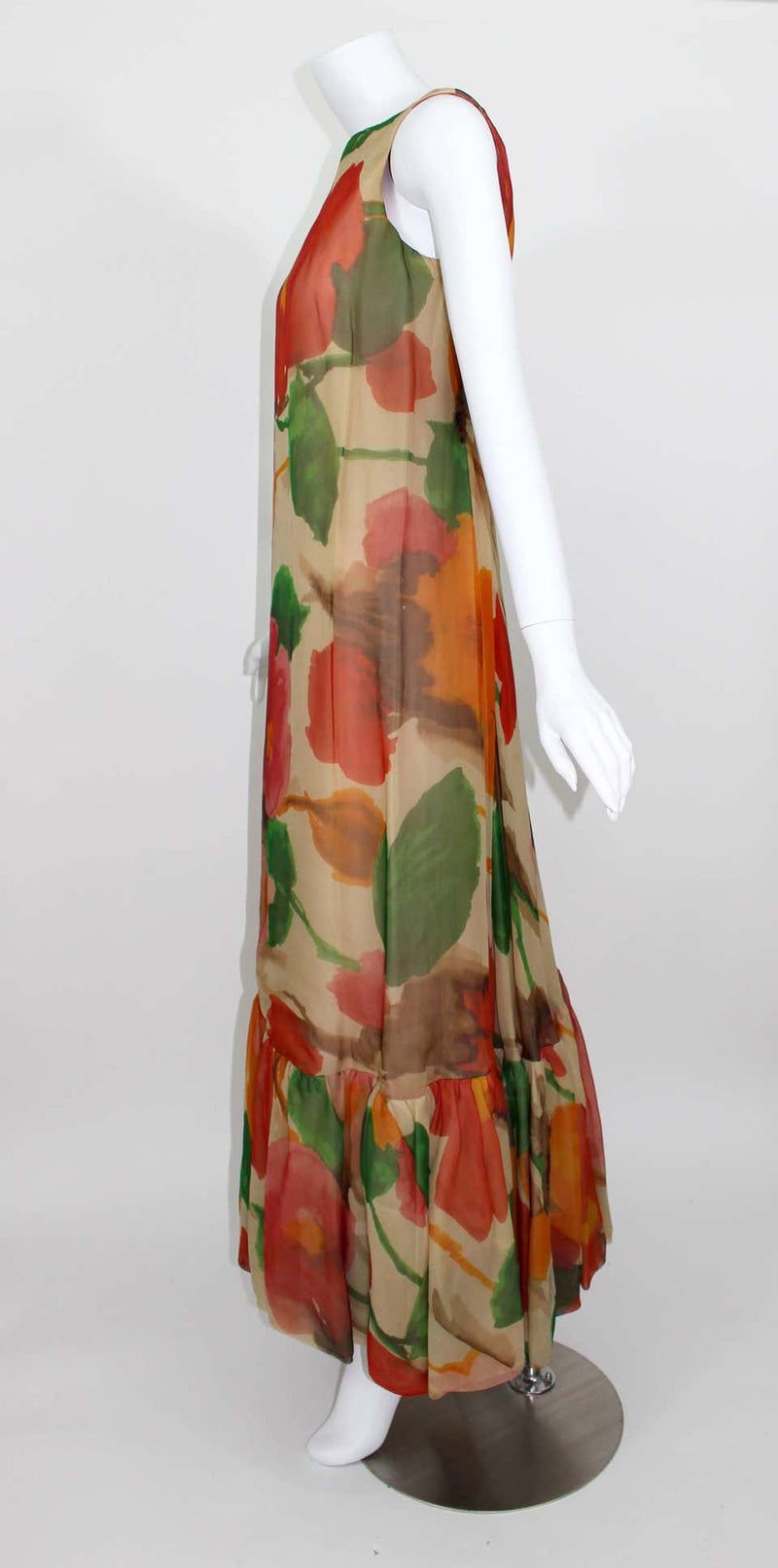 1960s Multicolor Florals Silk Organza Sleeveless Satin Bow Maxi Dress / Gown