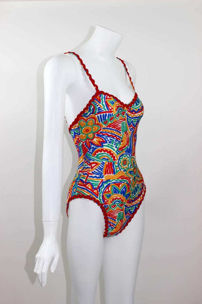 1990s Yves Saint Laurent Colorful Print Ric Rac Trim Maillot Swimsuit w/ Tags