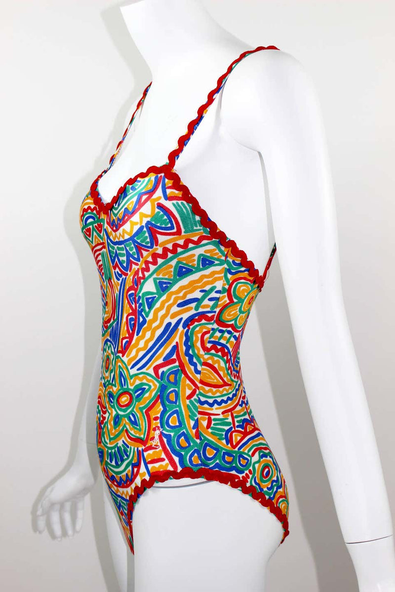 1990s Yves Saint Laurent Colorful Print Ric Rac Trim Maillot Swimsuit w/ Tags