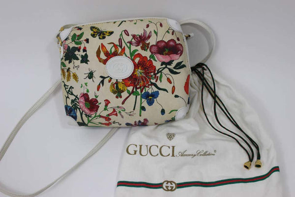 Vintage Gucci Floral Canvas White Leather Cross Body Shoulder Bag Purse