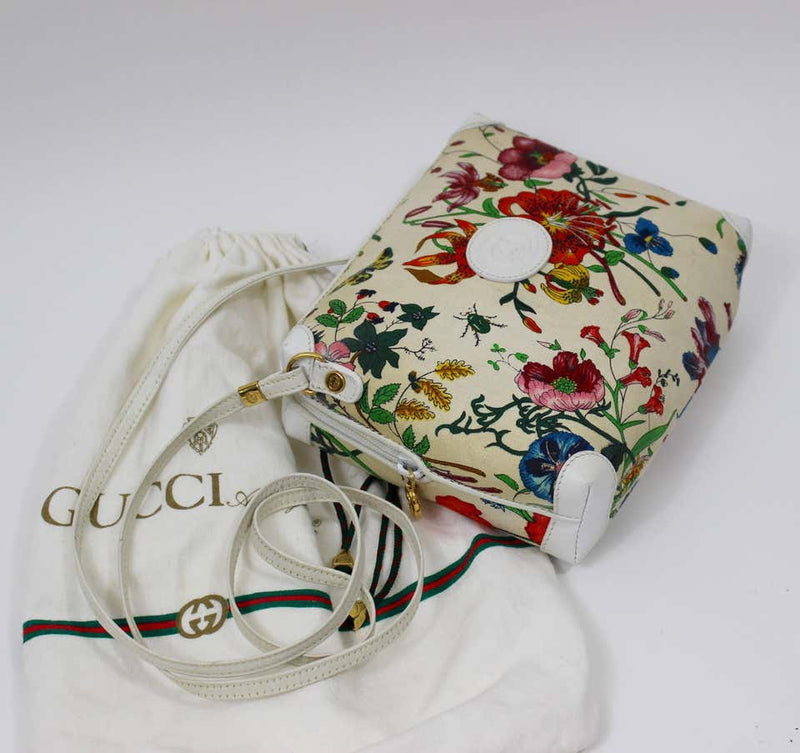Vintage Gucci Floral Canvas White Leather Cross Body Shoulder Bag Purse