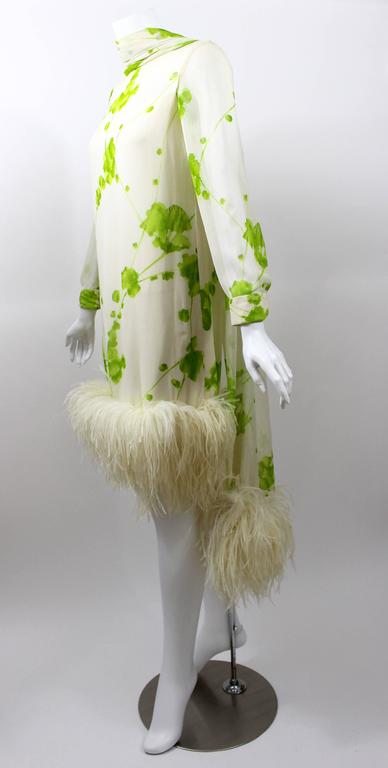 1960s Pierre Cardin Ivory and Green Silk Print Ostritch Feather Trim Dress