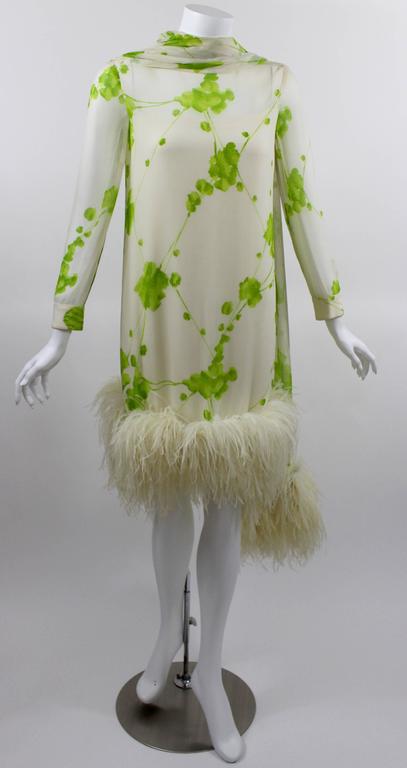1960s Pierre Cardin Ivory and Green Silk Print Ostritch Feather Trim Dress