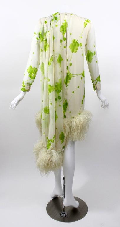1960s Pierre Cardin Ivory and Green Silk Print Ostritch Feather Trim Dress